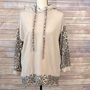 White Birch Cream & Leopard Print Tunic Hoodie w/pockets- Size Large
